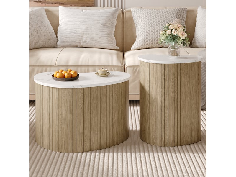  Lot de 2 tables basses en mdf, effet marbre et aspect bois, naturel et blanc  - Conforama R