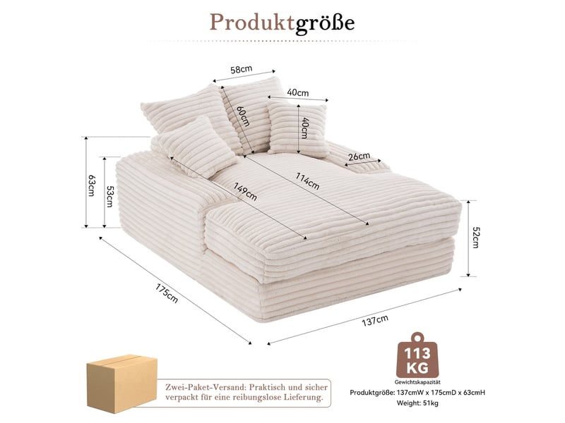  Canapé droit convertible 1 place en velours côtelé beige, 4 coussins amovibles, sans montage pour se détendre  - Conforama C
