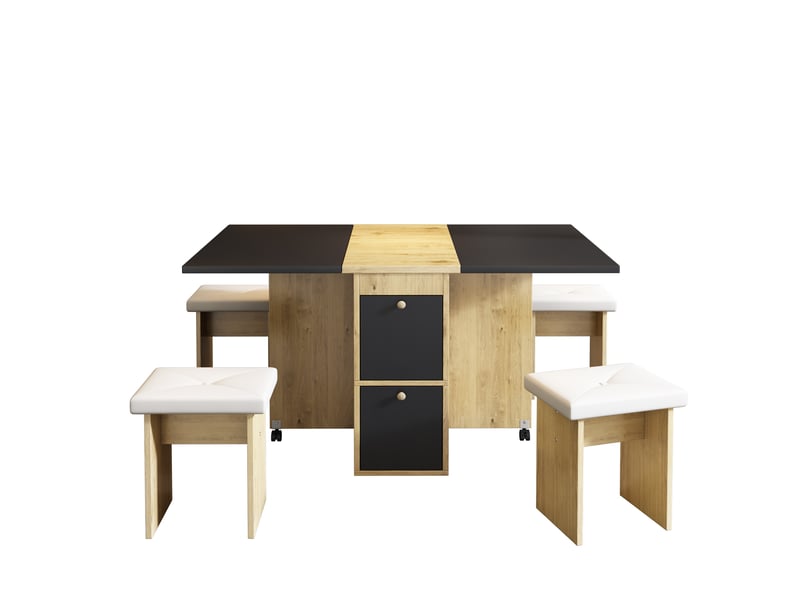Ensemble table et chaises - table rectangulaire extensible avec 4 chaises en panneau de particules - 120x80x75 cm - blanc chêne noir