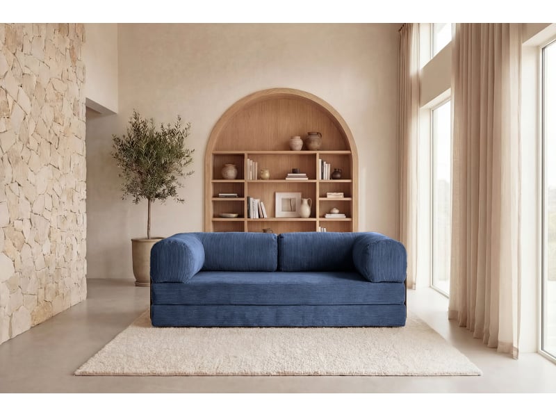  Cosima - canapé droit convertible petit velours côtelé 3 places bleu foncé  - Conforama D