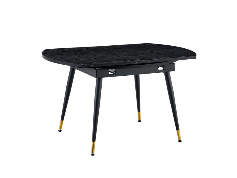  Table à manger extensible moderne se transformant de ronde à ovale en mdf noir noyer avec accents dorés sur pieds métal gain de place  - Conforama A
