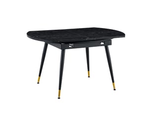 Table à manger extensible moderne se transformant de ronde à ovale en mdf noir noyer avec accents dorés sur pieds métal gain de place