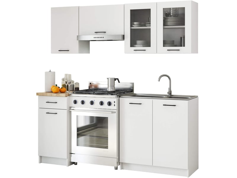  Ensemble de cuisine vitré akord oliwia 1.8m blanc 180 cm 7 portes 1 tiroir façade blanche 8 étagères 180x46x203 cm Oliwia 1.8M - Conforama A