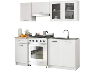Ensemble de cuisine vitré akord oliwia 1.8m blanc 180 cm 7 portes 1 tiroir façade blanche 8 étagères 180x46x203 cm