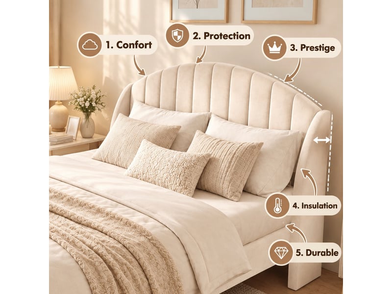  Lit double 140x190 en velours beige, lit adulte rembourré, sommier à lattes, tête de lit épaisse,lit 2 places  - Conforama D