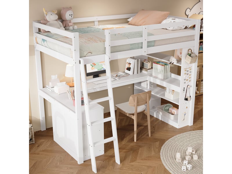 Lit mezzanine 90x200 cm - lit enfant avec table et rangement - bois massif + mdf - sans matelas - blanc et naturel  - Conforama C