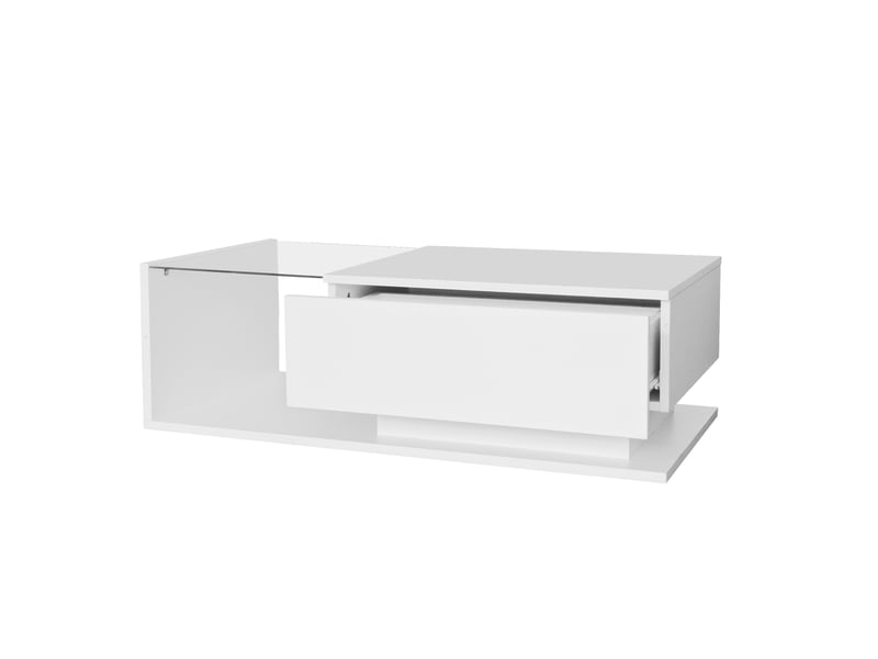  Table basse blanc brillant 100 × 50 × 32 cm, plateau en verre, 1 tiroir, led, anti-rayures  - Conforama E