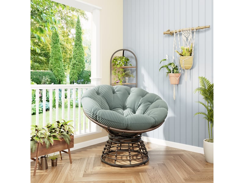  Fauteuil papasan pivotant 360° 92x67 cm en rotin pe marron avec coussin vert clair  - Conforama D