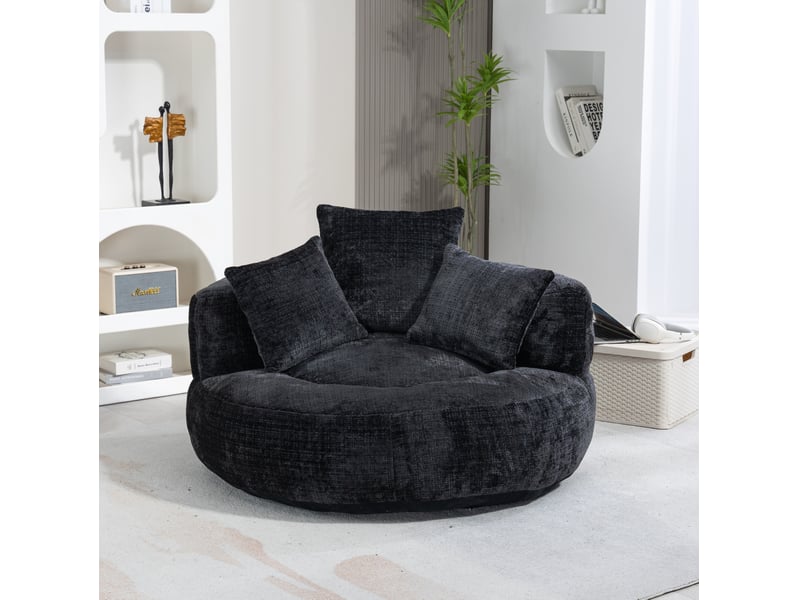 Fauteuil lounge modenvie en chenille noire avec 3 coussins 108 x 108 x 52 cm - Conforama E