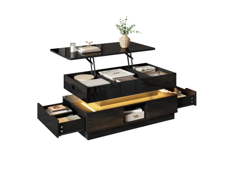  Table basse réglable - noir - mdf - plateau réglable en hauteur - éclairage led intégré 90x48x42.5cm - Conforama A
