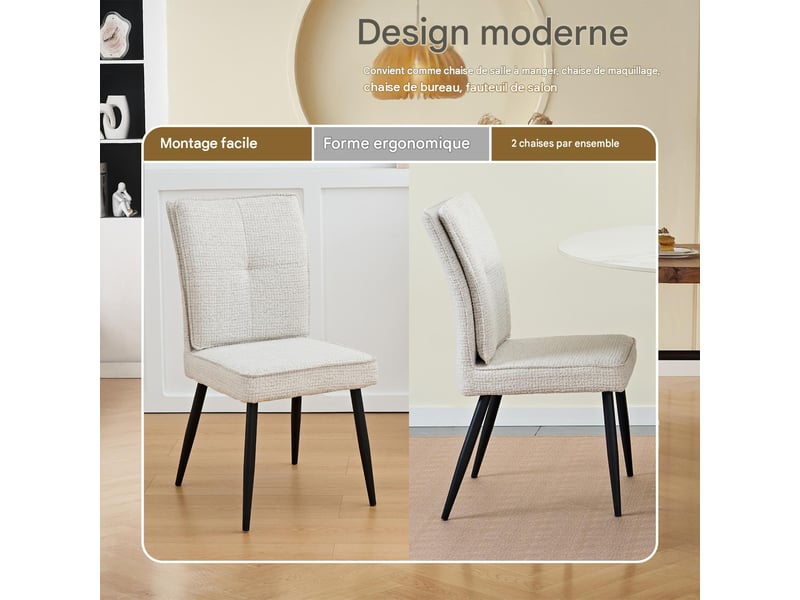  Lot de 2 chaises de salle à manger en chenille blanc crème, pieds en métal W5093P434243 - Conforama E