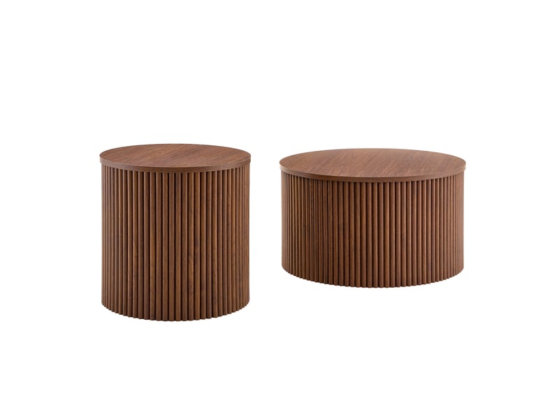 Lot de 2 tables basses gigognes rondes, mdf effet noyer, rangement intégré, design colonne romaine - Conforama E