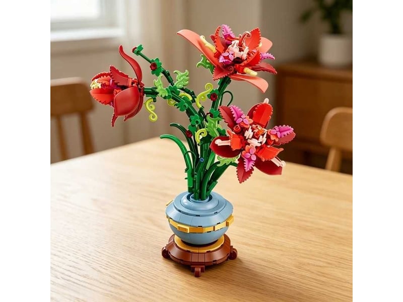 Set de construction fleur en pot rouge, fleurs artificielles éternelles – briques diy, ornement de bureau - Conforama B