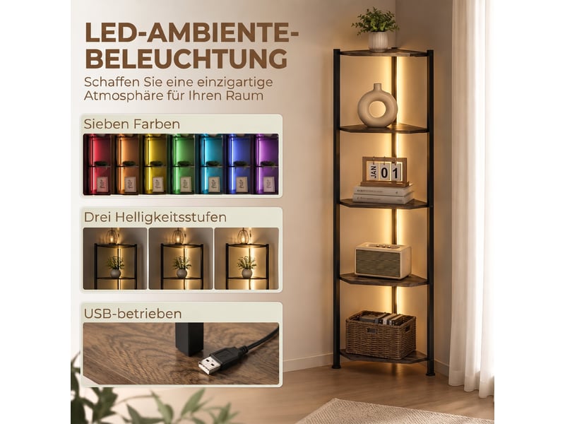 Bibliothèque d'angle à 5 niveaux avec éclairage led pour salon, chambre, bureau, marron rustique - Conforama D