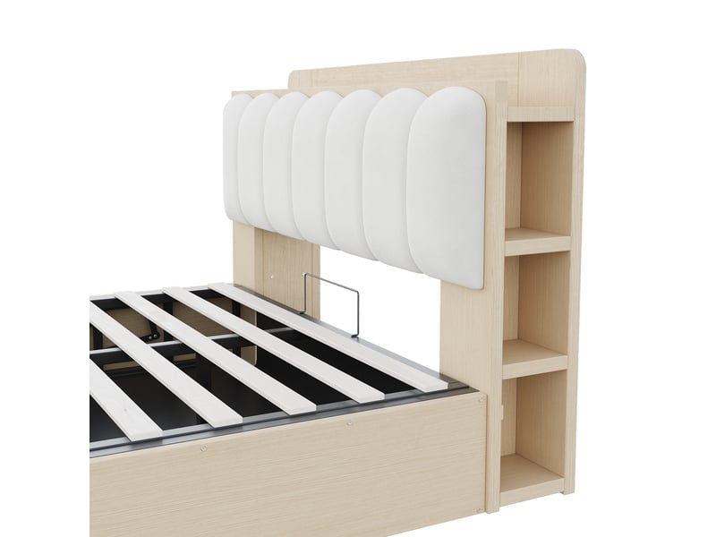  Lit coffre en bois 140x200 cm naturel, rangement hydraulique, tête de lit avec niches, usb et veilleuse Fay Lum - Conforama E