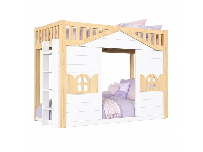  Lit mezzanine enfant modenvie avec espace inférieur, 90 x 200 cm, fenêtre, blanc et bois naturel  - Conforama A
