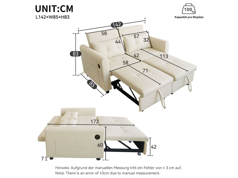  Canapé-lit 2 places 142x85 cm – beige – convertible 3-en-1, dossier réglable, usb et poches latérales  - Conforama C