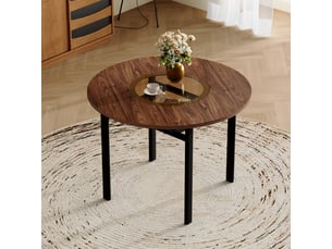 Table de salle à manger ronde 4 à 6 personnes avec verre et étagère, diamètre 100 cm brun noir