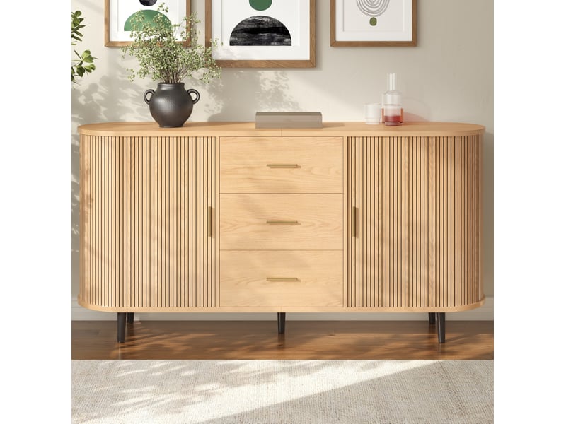  Buffet 160 cm en mdf coloris naturel avec 3 tiroirs et portes coulissantes  - Conforama D