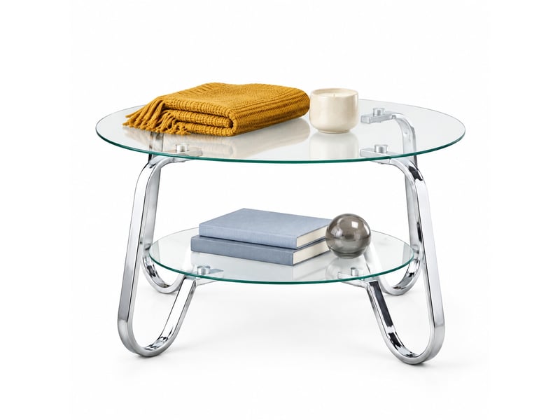  Table basse ronde à 2 niveaux avec rangement pour salon en métal et verre transparent argenté  - Conforama A