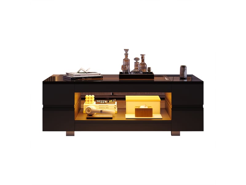  Table basse noire led 100x50x35 cm avec contrôle par application bluetooth, plateau en verre trempé et design creux pour salon  - Conforama A
