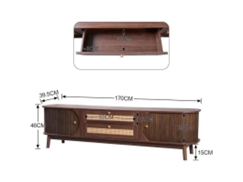  Meuble tv en bois 170 x 39,5 x 46 cm avec 2 portes et 2 tiroirs en rotin meubles de salon moderne, console tv  - Conforama D