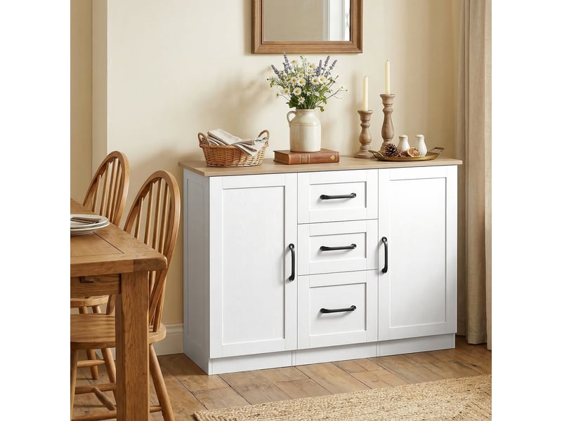  Buffet de salon, meuble de rangement avec 2 portes à fermeture douce et 3 tiroirs, 110 x 35 x 80,4 cm, bois blanc et naturel  - Conforama D
