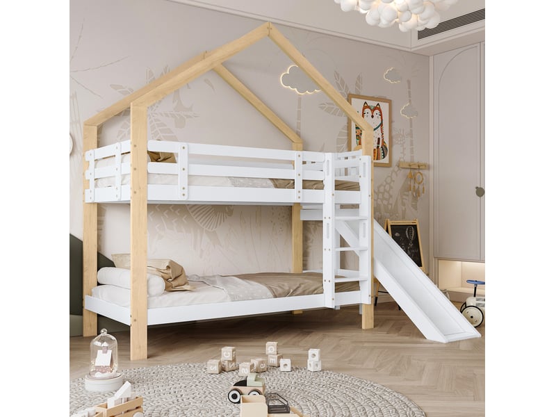  Lit superposé enfant cabane avec toboggan et échelle 3 marches 90x200 cm blanc naturel  - Conforama C