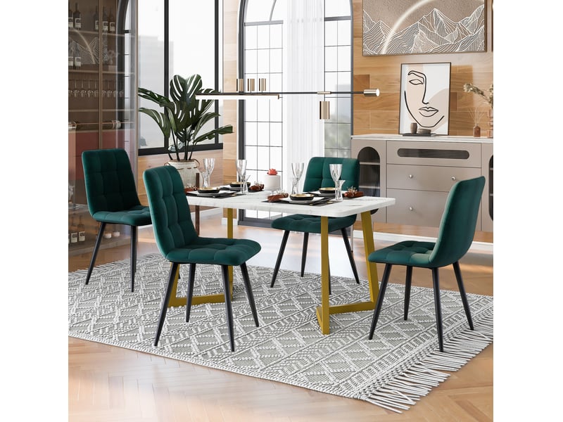  Ensemble table et 4 chaises 117 cm, plateau mdf marbré blanc, velours vert foncé et pieds dorés design  - Conforama B