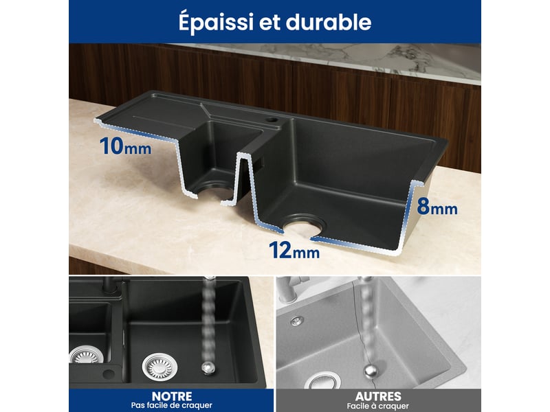 Cecipa max évier avec trou de robinet - évier de cuisine en granit 86x45cm - évier 1,5 bac - avec panier égouttoir et système d’évacuation - 80 % sable de quartz - noir - Conforama C