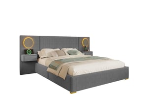 Lit double 180 × 200 cm avec tête de lit led, prises usb et tables de chevet à tiroirs en velours gris pour chambre