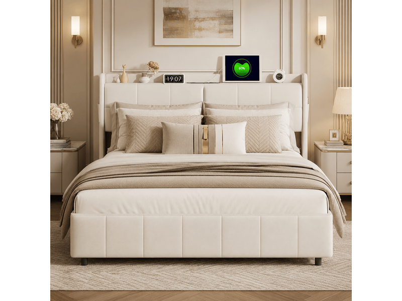 Lit 160x200 avec sommier et rangement,cadre de lit avec charge usb, lit double capitonné avec 4 tiroirs, facile à assembler, pu, sans matelas, blanc - Conforama D