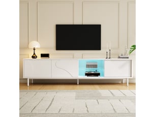 Meuble tv, blanc, portes coulissantes, portes vitrées, led d'ambiance, design moderne et élégant pour salon