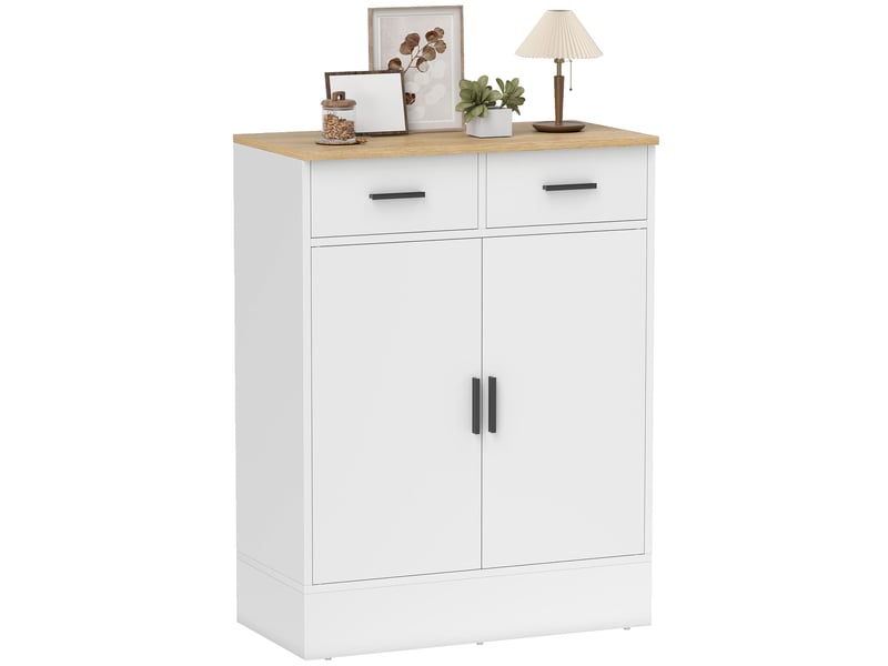  Buffet avec espace de rangement, commode à 2 tiroirs, étagère réglable, pour cuisine, salon, entrée, bois naturel, blanc  - Conforama A