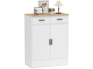 Buffet avec espace de rangement, commode à 2 tiroirs, étagère réglable, pour cuisine, salon, entrée, bois naturel, blanc