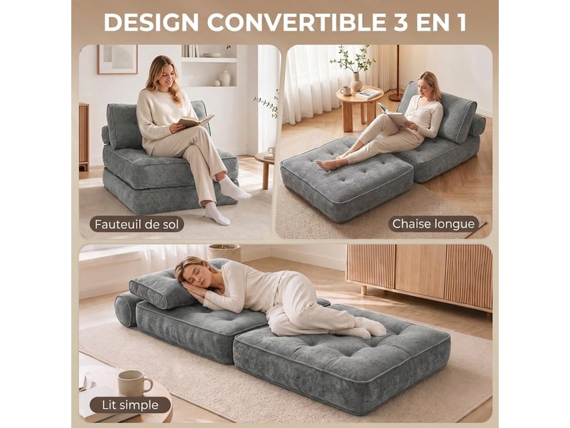  Fauteuil convertible 1 place 95 x 220 cm avec 2 oreillers, fauteuil-lit chauffeuse 3 en 1, siège épais, gris clair  - Conforama D