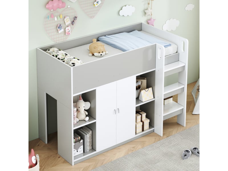 Lit mezzanine 90x200 cm, lit enfant avec rangements, penderie et étagères, en bois, gris, sans matelas - Conforama B