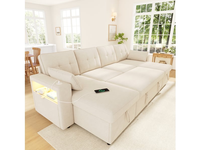 Canapé d'angle panoramique convertible 4 places 273x131x83 cm chenille beige - Conforama D