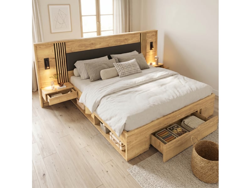  Lit double adulte 160x200 cm avec rangement, lampe de lecture, 2 chevets et 1 tiroir, mdf, couleur naturel sans matelas  - Conforama B