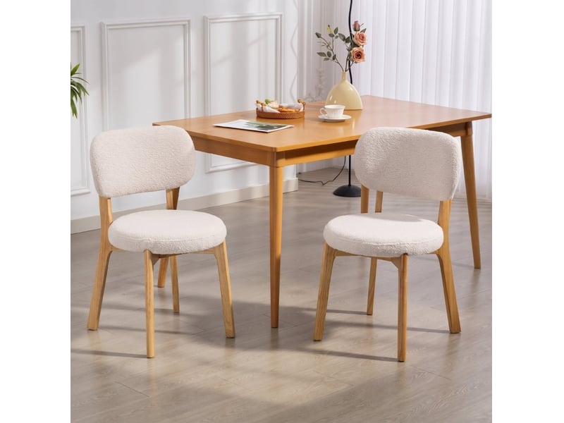  Chaises de salle à manger lot de 2, assise large et dossier incurvé en tissu bouclette crème  - Conforama B