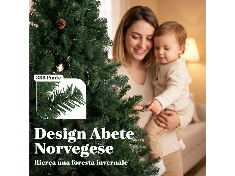  Sapin de noël artificiel de 180 cm avec 888 branches ignifugées, base métallique pliable, vert  - Conforama E
