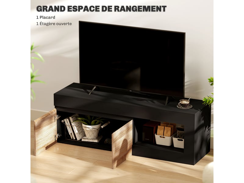  Meuble tv 2 portes pour téléviseurs jusqu'à 60 pouces, noir, meuble télé avec placard et étagère ouverte  - Conforama E