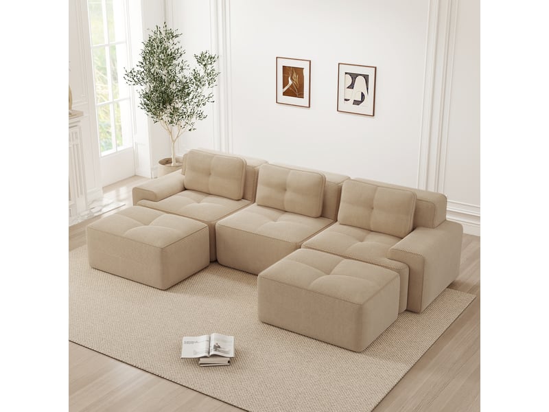  Canapé modulaire beige en velours côtelé, canapé 3 places avec ottomane, assise profonde 74 cm et configuration en u pour salon  - Conforama R
