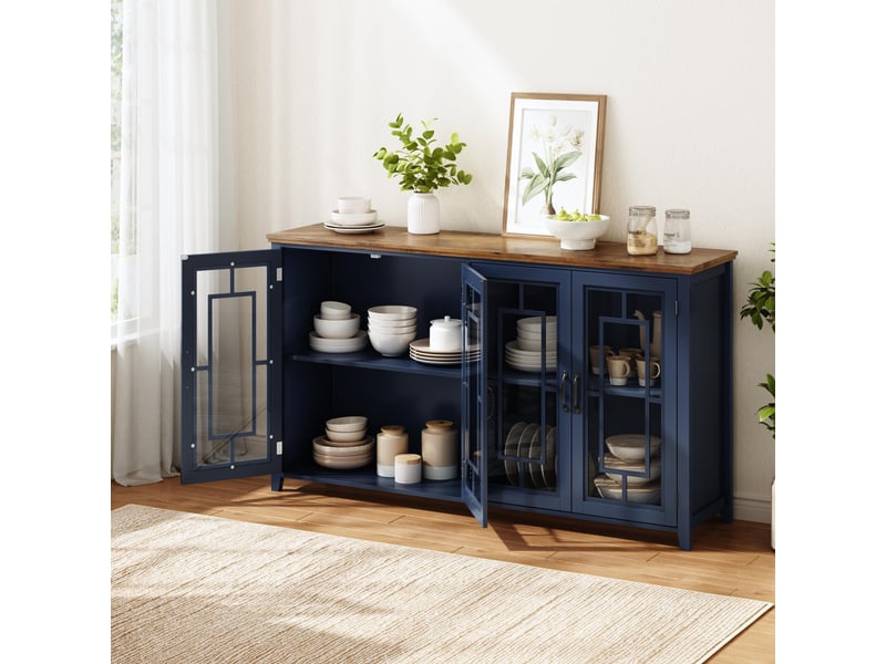  Buffet 160 cm avec portes vitrées, plateau effet bois, mdf bleu  - Conforama E