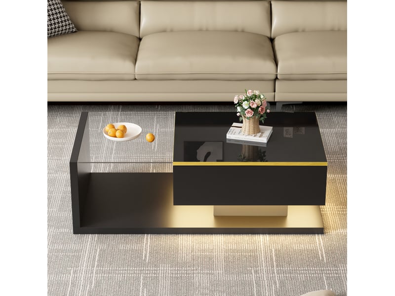  Table basse led 100x50x32,5 cm, rangement intégré, verre trempé, 16 couleurs dimmable, panneau particules, noir  - Conforama W