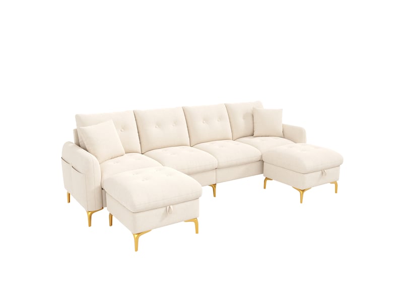  Canapé modulable en u convertible 4 places 263 x 137 x 85 cm, 2 poufs coffre, 2 coussins décoratifs, chenille, beige OMNIGLINT TRADING LTD - Conforama A