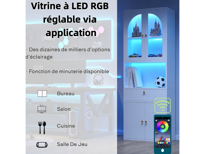  Vitrine de rangement 70x35x180 cm – blanc – led rgb connectées, dimmables avec minuteur via application  - Conforama E