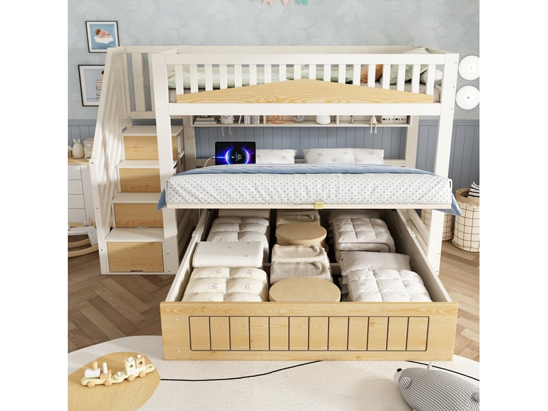 Lit superposé décalé 90x200 et 140x200 cm avec rangement blanc et naturel - Conforama B