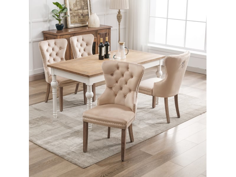  Lot de 4 chaises de salle à manger en velours beige avec clous décoratifs, pieds en bois réglables, dossier anneau  - Conforama B