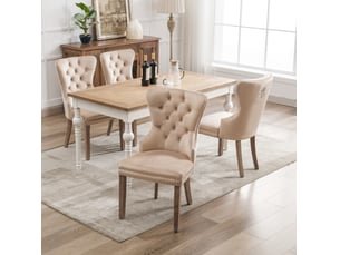 Lot de 4 chaises de salle à manger en velours beige avec clous décoratifs, pieds en bois  réglables, dossier anneau
